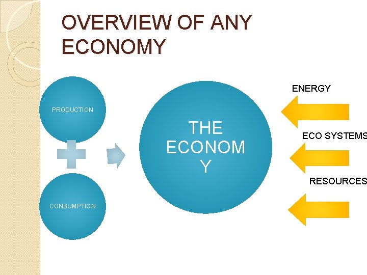 OVERVIEW OF ANY ECONOMY ENERGY PRODUCTION THE ECONOM Y CONSUMPTION ECO SYSTEMS RESOURCES 