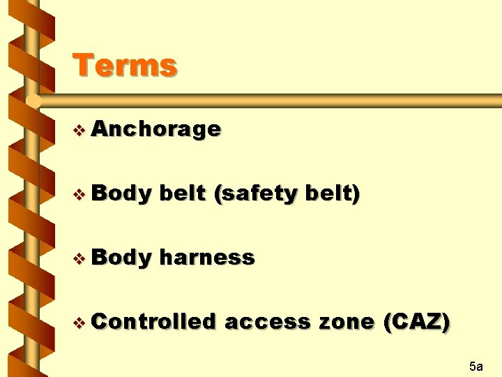 Terms v Anchorage v Body belt (safety belt) v Body harness v Controlled access