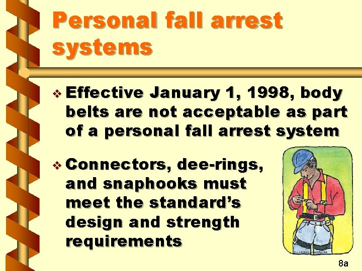 Personal fall arrest systems v Effective January 1, 1998, body belts are not acceptable