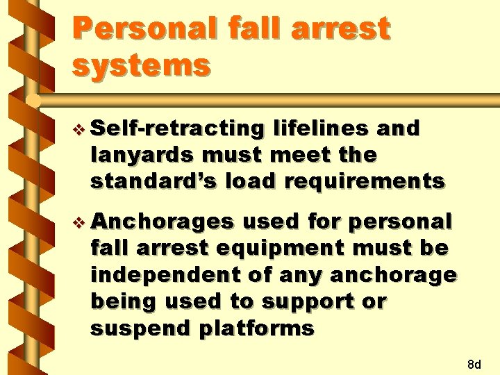 Personal fall arrest systems v Self-retracting lifelines and lanyards must meet the standard’s load