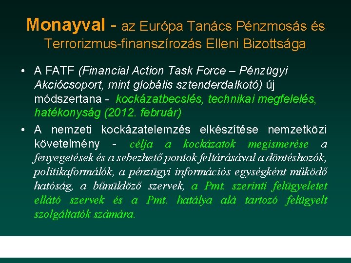 Monayval - az Európa Tanács Pénzmosás és Terrorizmus-finanszírozás Elleni Bizottsága • A FATF (Financial