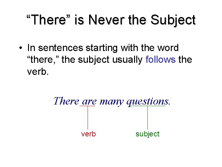 “There” is Never the Subject • In sentences starting with the word “there, ”