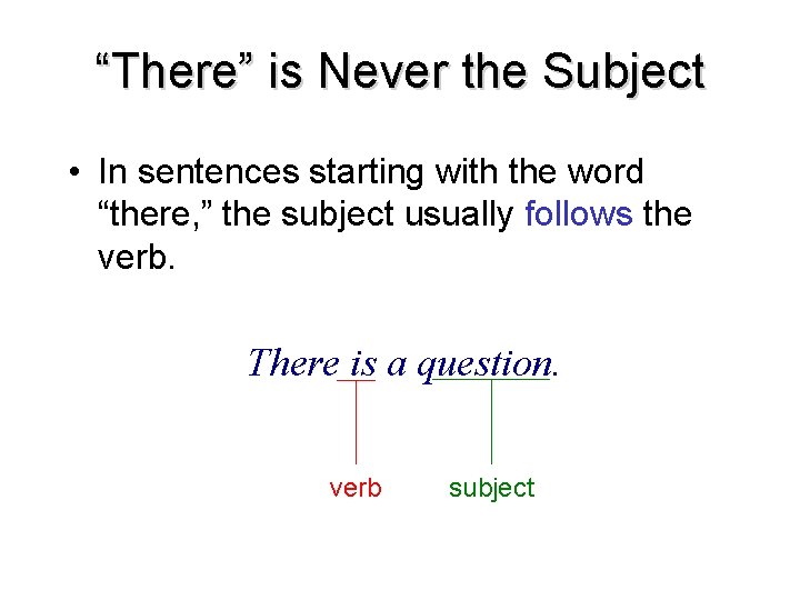 “There” is Never the Subject • In sentences starting with the word “there, ”