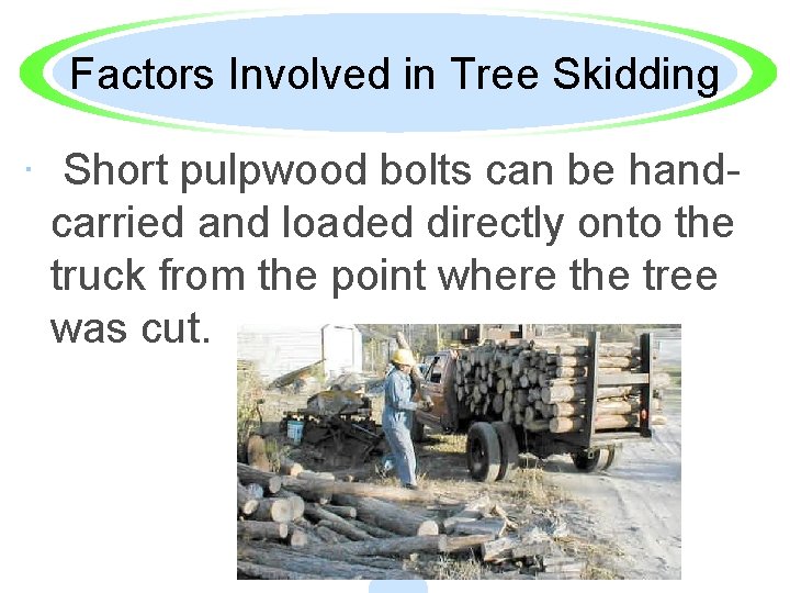 Factors Involved in Tree Skidding · Short pulpwood bolts can be handcarried and loaded