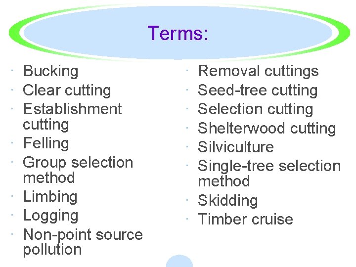 Terms: · Bucking · Clear cutting · Establishment cutting · Felling · Group selection