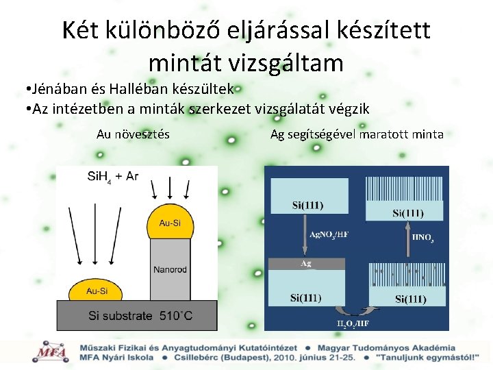 Két különböző eljárással készített mintát vizsgáltam • Jénában és Halléban készültek • Az intézetben