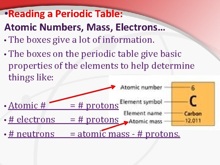  • Reading a Periodic Table: Atomic Numbers, Mass, Electrons… • The boxes give