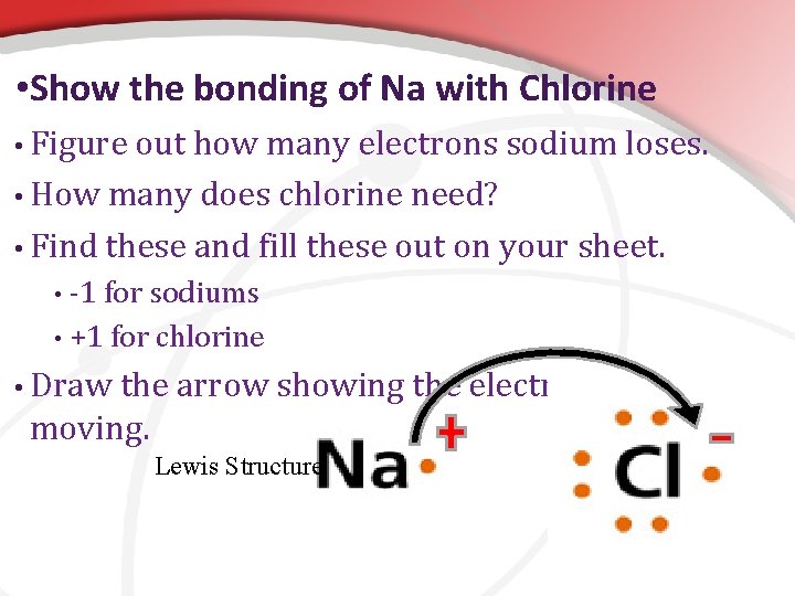  • Show the bonding of Na with Chlorine • Figure out how many