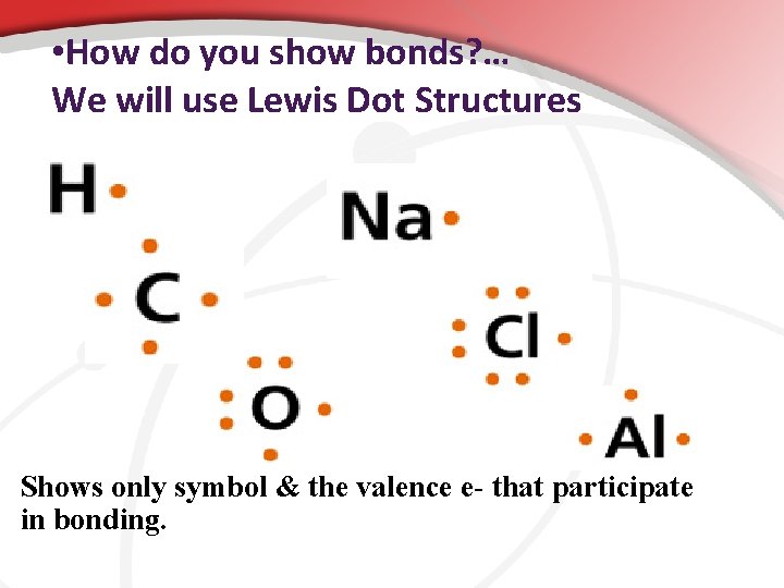  • How do you show bonds? … We will use Lewis Dot Structures