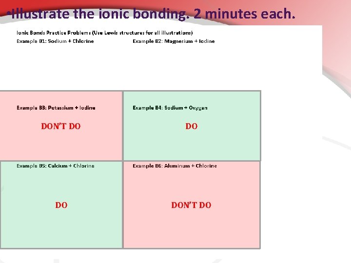  • Illustrate the ionic bonding. 2 minutes each. DON’T DO 