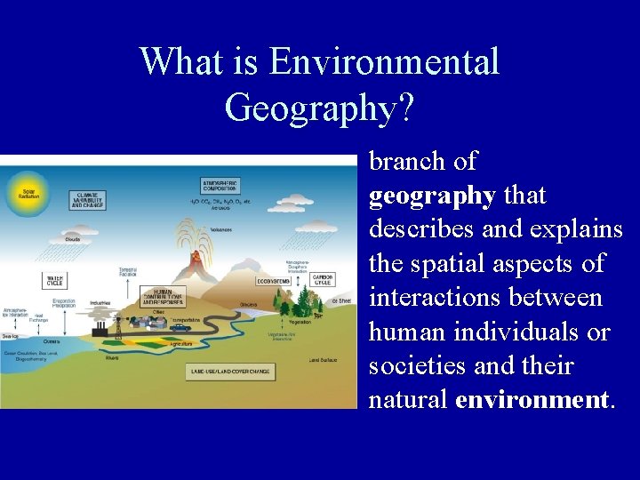 What is Environmental Geography? branch of geography that describes and explains the spatial aspects What is Environmental Geography? branch of geography that describes and explains the spatial aspects