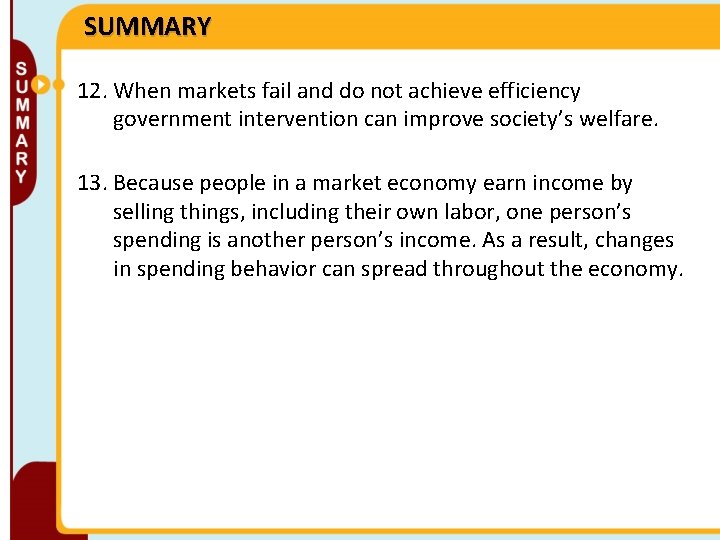 SUMMARY 12. When markets fail and do not achieve efficiency government intervention can improve