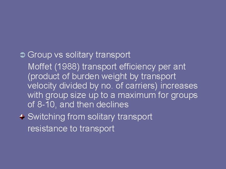  Group vs solitary transport Moffet (1988) transport efficiency per ant (product of burden