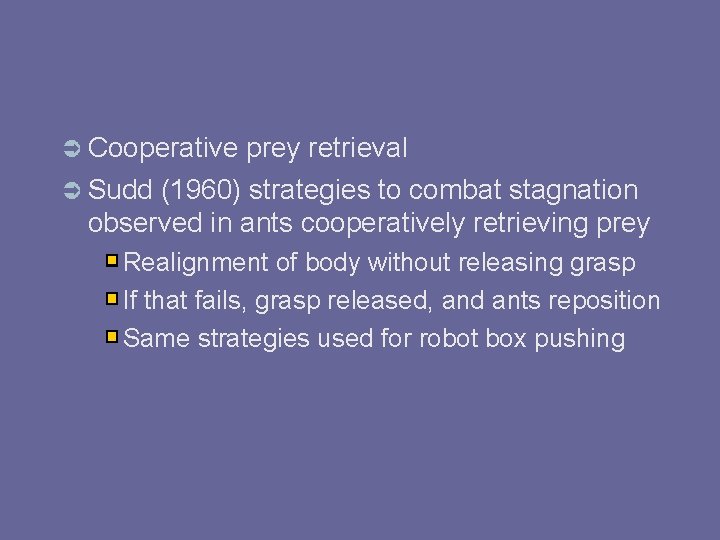  Cooperative prey retrieval Sudd (1960) strategies to combat stagnation observed in ants cooperatively