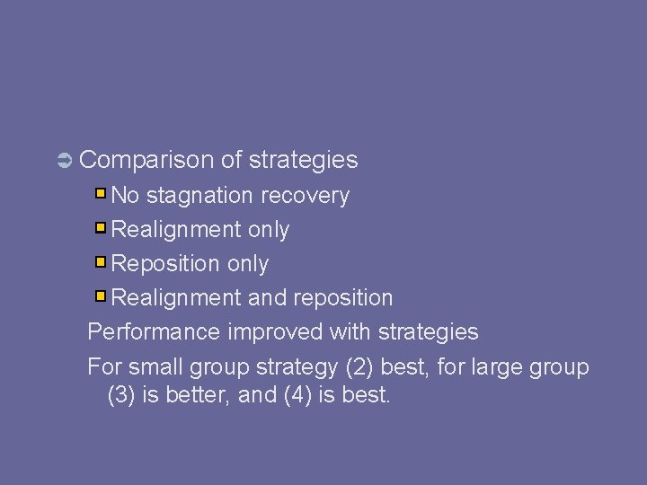  Comparison of strategies No stagnation recovery Realignment only Reposition only Realignment and reposition