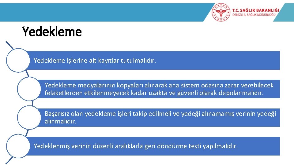 Yedekleme işlerine ait kayıtlar tutulmalıdır. Yedekleme medyalarının kopyaları alınarak ana sistem odasına zarar verebilecek