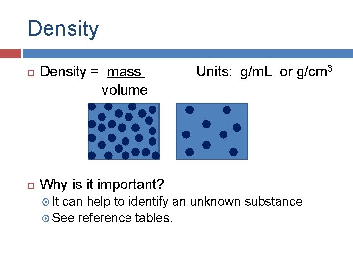 Density = mass volume Units: g/m. L or g/cm 3 Why is it important?