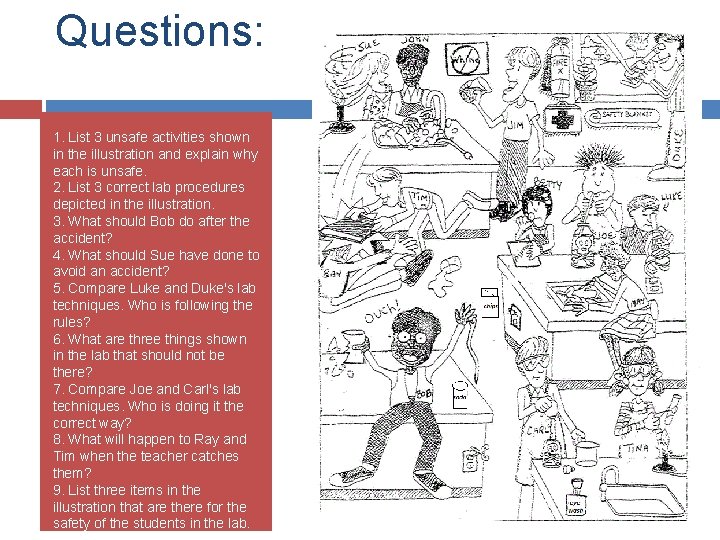 Questions: 1. List 3 unsafe activities shown in the illustration and explain why each