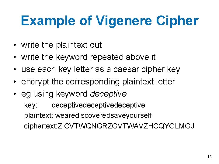 Example of Vigenere Cipher • • • write the plaintext out write the keyword