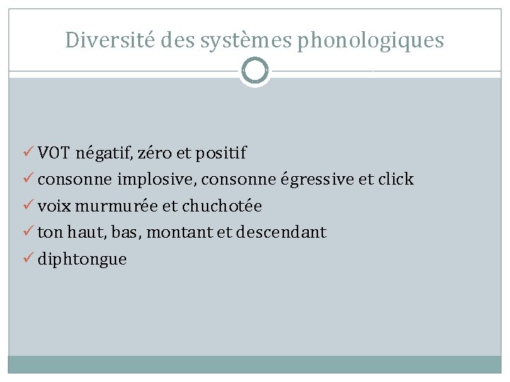 Diversité des systèmes phonologiques ü VOT négatif, zéro et positif ü consonne implosive, consonne