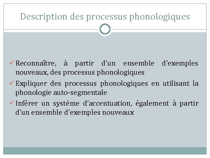 Description des processus phonologiques ü Reconnaître, à partir d’un ensemble d’exemples nouveaux, des processus