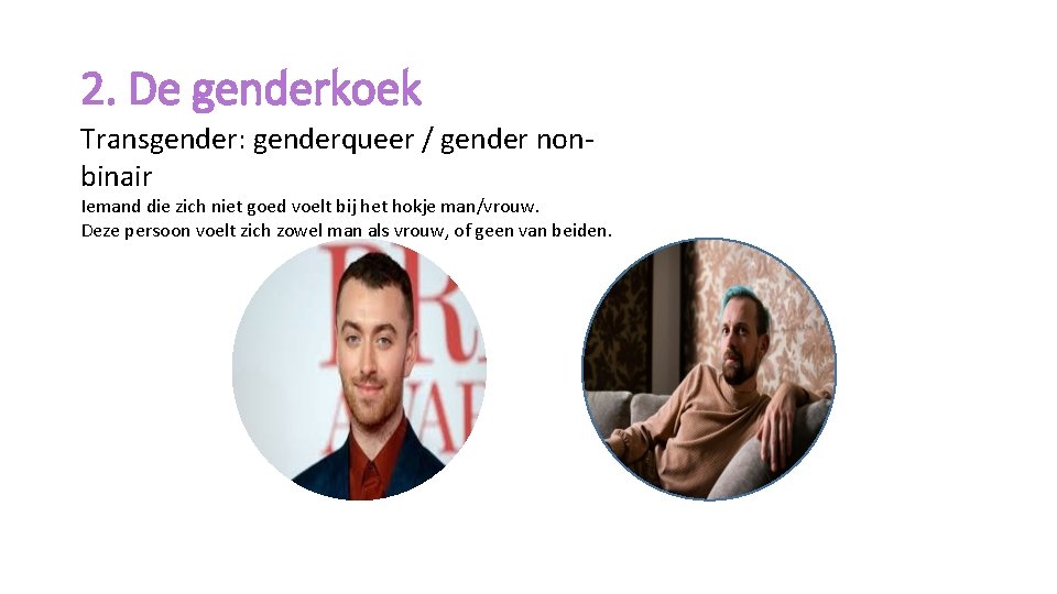 2. De genderkoek Transgender: genderqueer / gender nonbinair Iemand die zich niet goed voelt