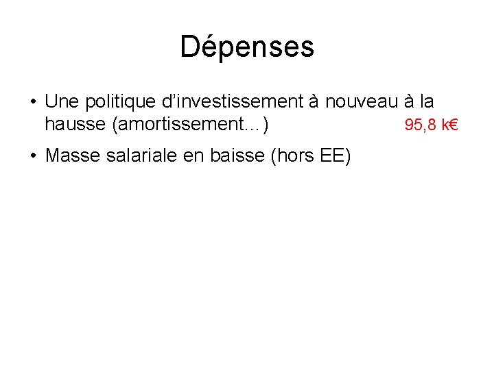 Dépenses • Une politique d’investissement à nouveau à la hausse (amortissement…) 95, 8 k€