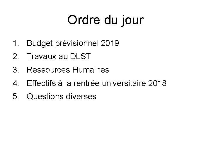 Ordre du jour 1. Budget prévisionnel 2019 2. Travaux au DLST 3. Ressources Humaines