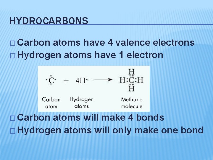 HYDROCARBONS � Carbon atoms have 4 valence electrons � Hydrogen atoms have 1 electron