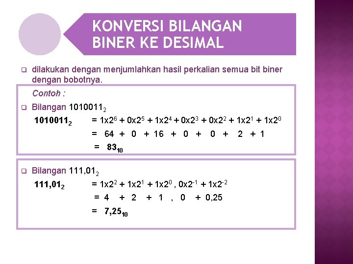 KONVERSI BILANGAN BINER KE DESIMAL q dilakukan dengan menjumlahkan hasil perkalian semua bit biner