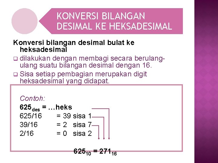 KONVERSI BILANGAN DESIMAL KE HEKSADESIMAL Konversi bilangan desimal bulat ke heksadesimal q dilakukan dengan