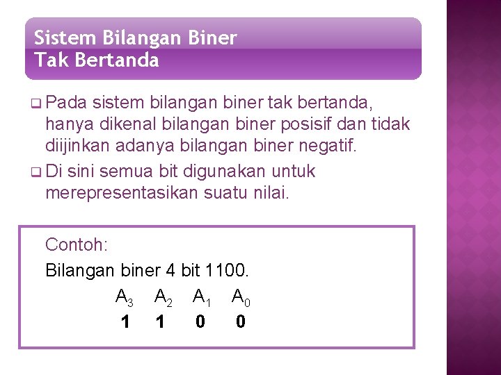 Sistem Bilangan Biner Tak Bertanda q Pada sistem bilangan biner tak bertanda, hanya dikenal