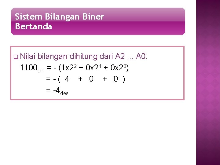 Sistem Bilangan Biner Bertanda q Nilai bilangan dihitung dari A 2. . . A