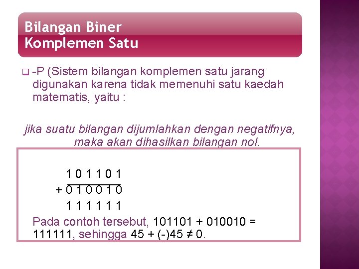 Bilangan Biner Komplemen Satu q -P (Sistem bilangan komplemen satu jarang digunakan karena tidak