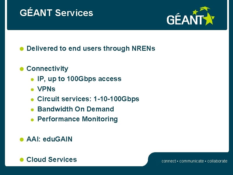 GÉANT Services Delivered to end users through NRENs Connectivity IP, up to 100 Gbps