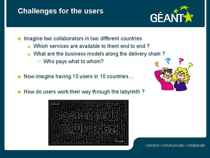 Challenges for the users Imagine two collaborators in two different countries Which services are