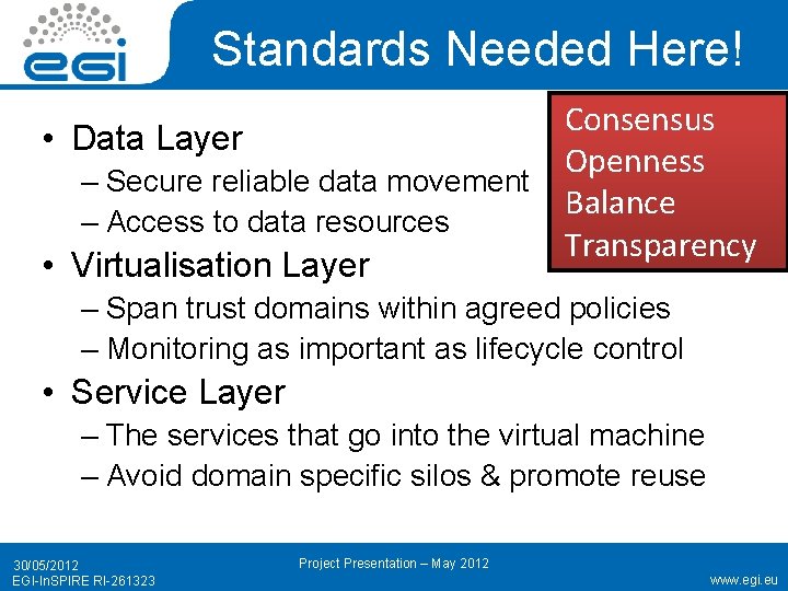 Standards Needed Here! • Data Layer – Secure reliable data movement – Access to