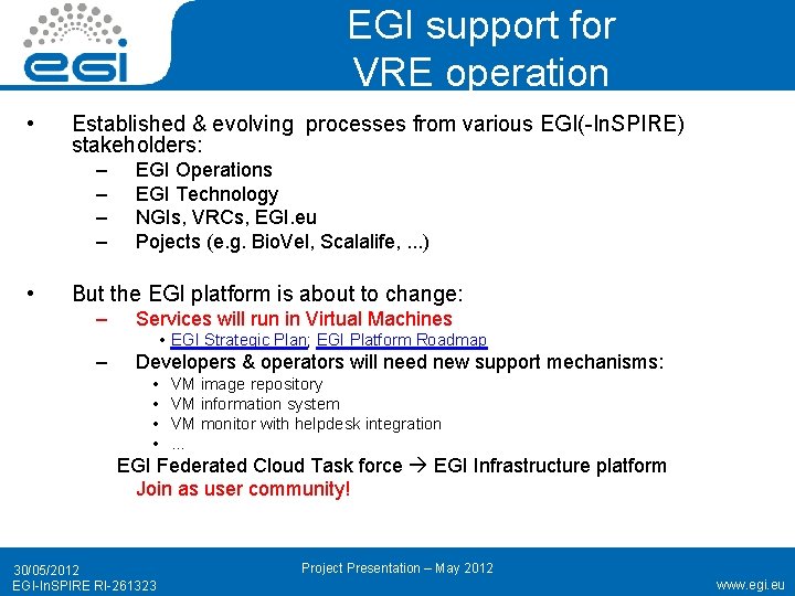 EGI support for VRE operation • Established & evolving processes from various EGI(-In. SPIRE)