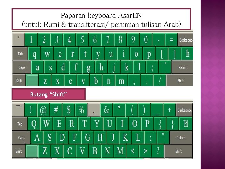 Paparan keyboard Asar. EN (untuk Rumi & transliterasi/ perumian tulisan Arab) Butang “Shift” 