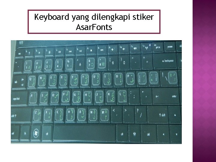 Keyboard yang dilengkapi stiker Asar. Fonts 