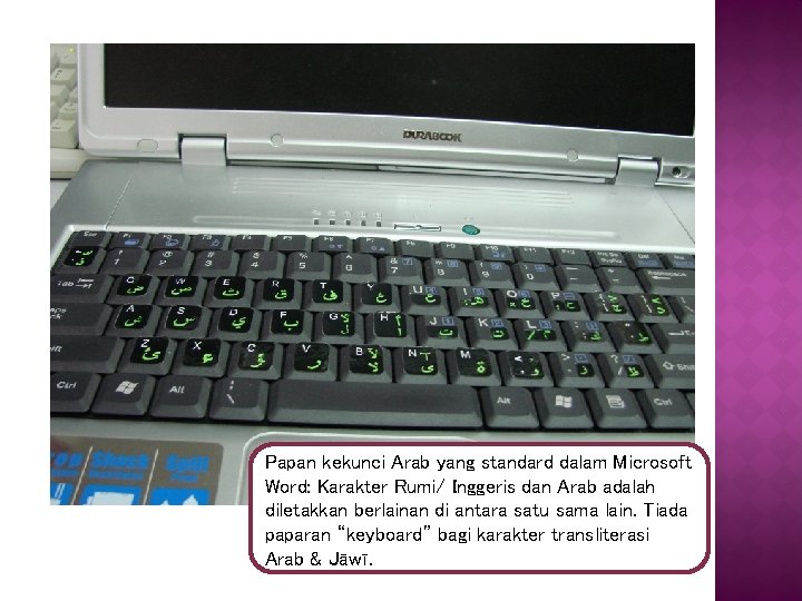 Papan kekunci Arab yang standard dalam Microsoft Word: Karakter Rumi/ Inggeris dan Arab adalah