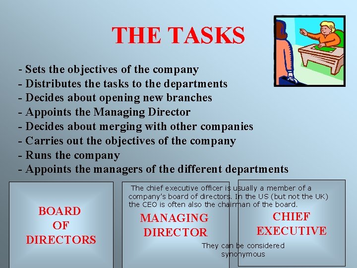 THE TASKS - Sets the objectives of the company - Distributes the tasks to