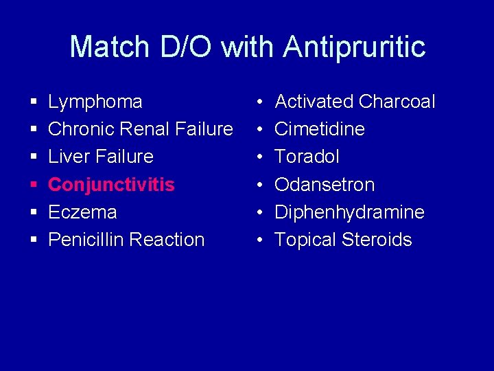 Match D/O with Antipruritic § § § Lymphoma Chronic Renal Failure Liver Failure Conjunctivitis