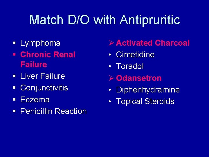 Match D/O with Antipruritic § Lymphoma § Chronic Renal Failure § Liver Failure §