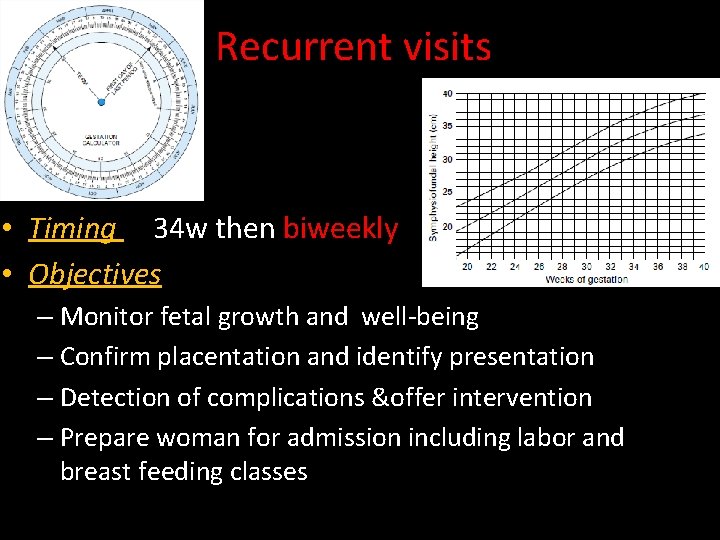 Recurrent visits • Timing 34 w then biweekly • Objectives – Monitor fetal growth