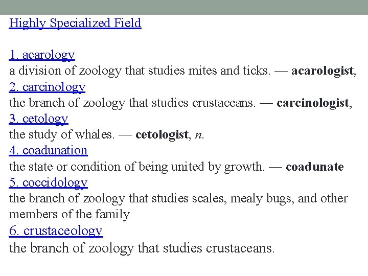 Highly Specialized Field 1. acarology a division of zoology that studies mites and ticks.