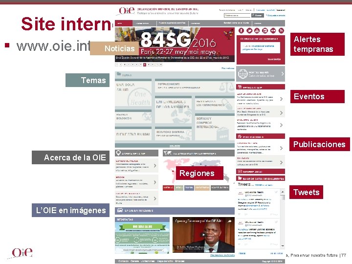 Site internet § www. oie. int Alertes tempranas Noticias Temas Eventos Publicaciones Acerca de