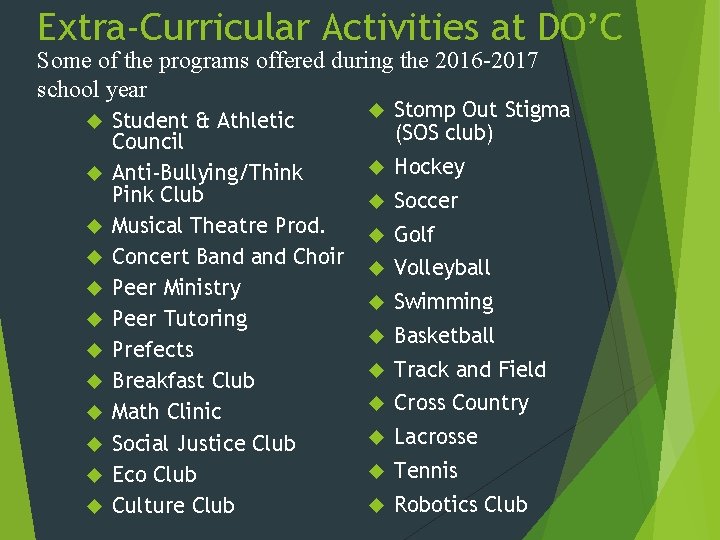 Extra-Curricular Activities at DO’C Some of the programs offered during the 2016 -2017 school