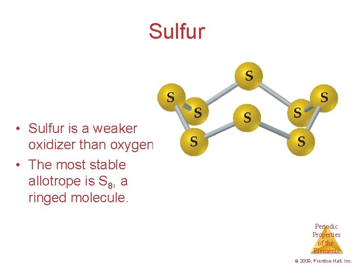 Sulfur • Sulfur is a weaker oxidizer than oxygen. • The most stable allotrope