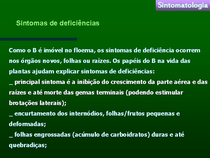 Sintomatologia Sintomas de deficiências Como o B é imóvel no floema, os sintomas de